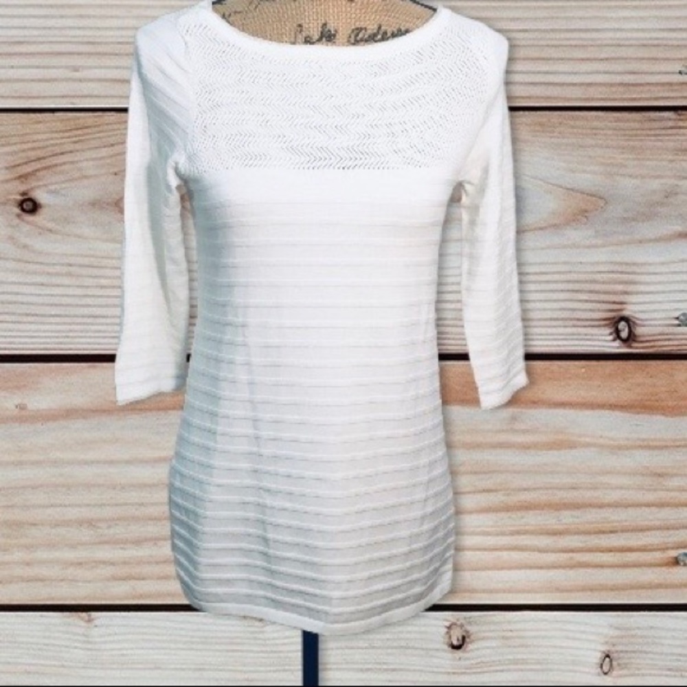 White House Black Market Womens Top Small White Stripes Metallic Trim 3/4 Sleeve